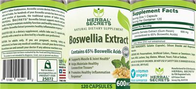 Photo of the Herbal Secrets Boswellia Extract 600 mg label