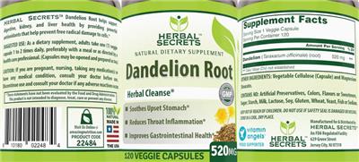 Photo of the Herbal Secrets Dandelion Root 520 mg label