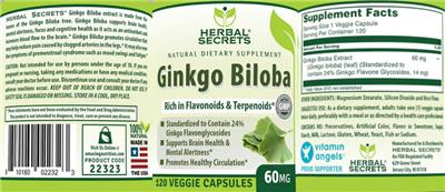 Photo of the Herbal Secrets Ginkgo Biloba 60 mg label