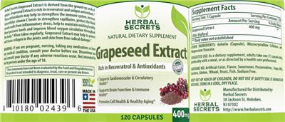 Photo of the Herbal Secrets Grapeseed Extract 400 mg label