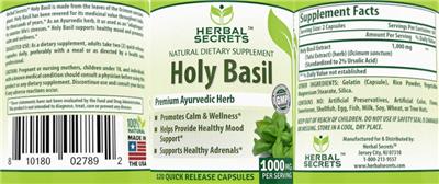 Photo of the Herbal Secrets Holy Basil 1000 mg label