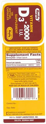 Photo of the Rugby Vitamin D3 - 2000 IU label