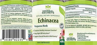 Photo of the Herbal Secrets Echinacea 400 mg label