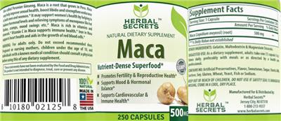 Photo of the Herbal Secrets Maca 500 mg label
