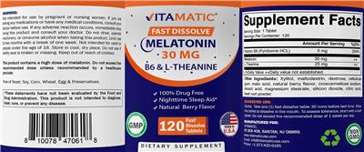 Photo of the Vitamatic Melatonin 30 mg Fast Dissolve Natural Berry Flavor label