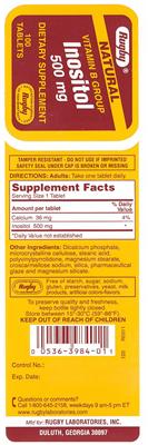 Photo of the Rugby Natural Inositol 500 mg label