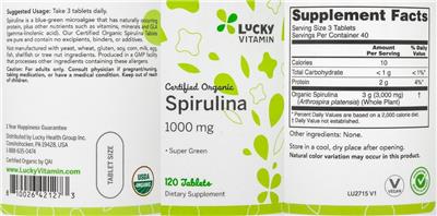 Photo of the LuckyVitamin Certified Organic Spirulina 1000 mg label