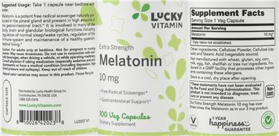 Photo of the LuckyVitamin Extra Strength Melatonin 10 mg label