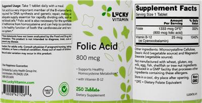 Photo of the LuckyVitamin Folic Acid 800 mcg label