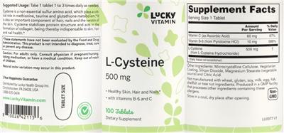 Photo of the LuckyVitamin L-Cysteine 500 mg label