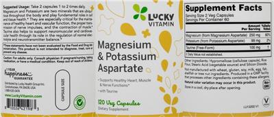 Photo of the LuckyVitamin Magnesium & Potassium Aspartate label