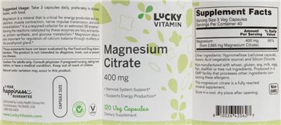 Photo of the LuckyVitamin Magnesium Citrate 400 mg label
