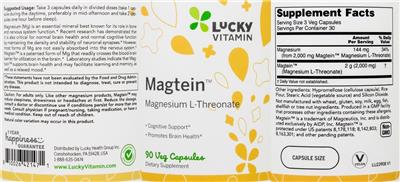 Photo of the LuckyVitamin Magtein Magnesium L-Treonate label