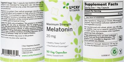 Photo of the LuckyVitamin Maximum Strength Melatonin 20 mg label