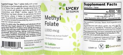 Photo of the LuckyVitamin Methyl Folate 1,000 mcg label