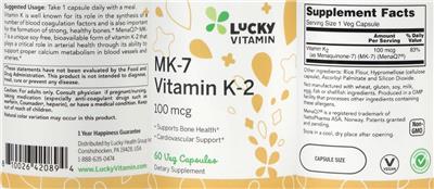 Photo of the LuckyVitamin MK-7 Vitamin K-2 100 mcg label