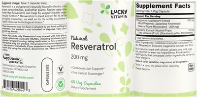 Photo of the LuckyVitamin Natural Resveratrol 200 mg label