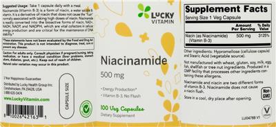 Photo of the LuckyVitamin Niacinamide 500 mg label