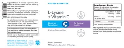Photo of the Cooper Complete L-Lysine + Vitamin C label