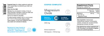 Photo of the Cooper Complete Magnesium Oxide 300 mg label