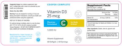 Photo of the Cooper Complete Vitamin D3 25 mcg 1,000 IU label