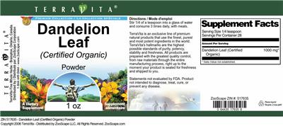 Photo of the TerraVita Premium Collection Dandelion Leaf (Certified Organic) Powder label