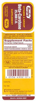 Photo of the Rugby Beta-Carotene 25,000 IU label