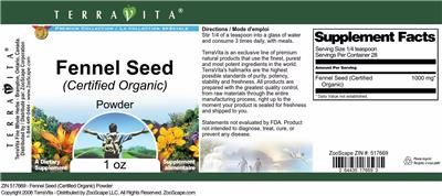Photo of the TerraVita Premium Collection Fennel Seed (Certified Organic) Powder label