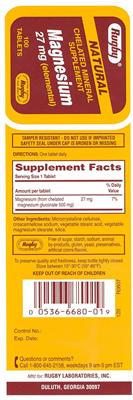 Photo of the Rugby Natural Magnesium 27 mg (Elemental) label