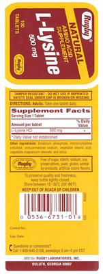 Photo of the Rugby Natural L-Lysine 500 mg label