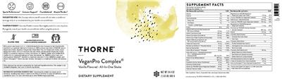 Product label for VeganPro Complex Vanilla Flavored