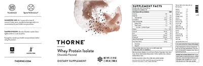 Photo of the Thorne Whey Protein Isolate Chocolate Flavored label