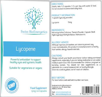 Photo of the Swiss BioEnergetics Lycopene 15 mg label