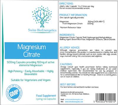 Photo of the Swiss BioEnergetics Magnesium Citrate 500 mg label