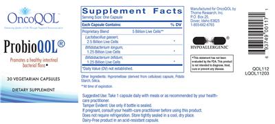 Photo of the OncoQOL ProbioQOL label