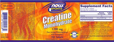 Photo of the NOW Sports Creatine Monohydrate 1200 mg label