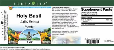 Photo of the TerraVita Premium Collection Holy Basil 2.5% Extract Powder label