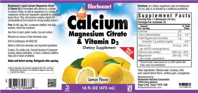 Photo of the Bluebonnet Liquid Calcium Magnesium Citrate & Vitamin D3 Lemon Flavor label