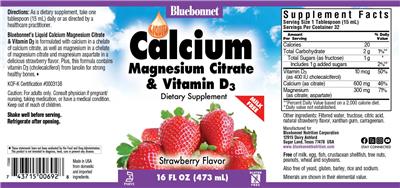 Photo of the Bluebonnet Liquid Calcium Magnesium Citrate & Vitamin D3 Strawberry Flavor label