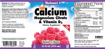 Photo of the Bluebonnet Liquid Calcium Magnesium Citrate & Vitamin D3 Raspberry Flavor label