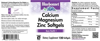 Photo of the Bluebonnet Calcium Magnesium Zinc Softgels label