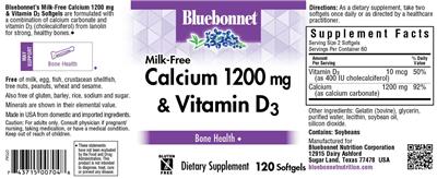 Photo of the Bluebonnet Milk-Free Calcium 1200 mg & Vitamin D3 label