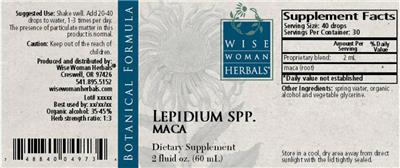 Photo of the Wise Woman Herbals Lepidium Spp. Maca label