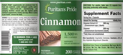 Photo of the Puritan's Pride Cinnamon 1,500 mg label