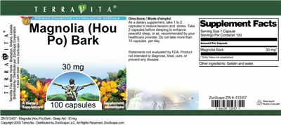 Photo of the TerraVita Premium Collection Magnolia (Hou Po) Bark 30 mg label