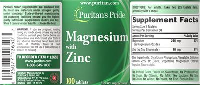 Photo of the Puritan's Pride Magnesium with Zinc label