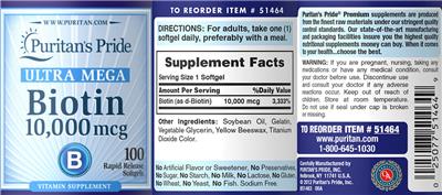 Photo of the Puritan's Pride Ultra Mega Biotin 10,000 mcg label
