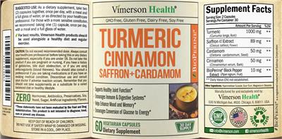 Photo of the Vimerson Health Turmeric Cinnamon Saffron + Cardamom label