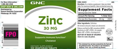 Photo of the GNC Zinc 30 mg label