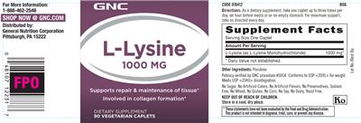 Photo of the GNC L-Lysine 1000 mg label